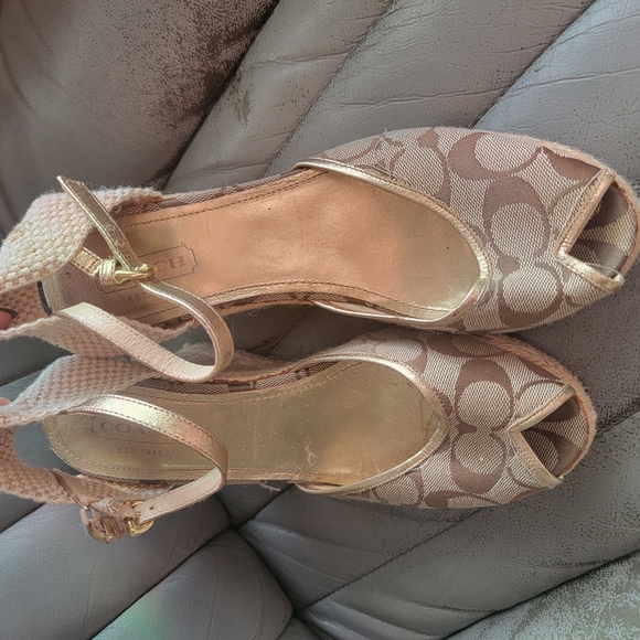 Coach Women's Peep Toe Wedge Sandals - Gold - Picture 1 of 6